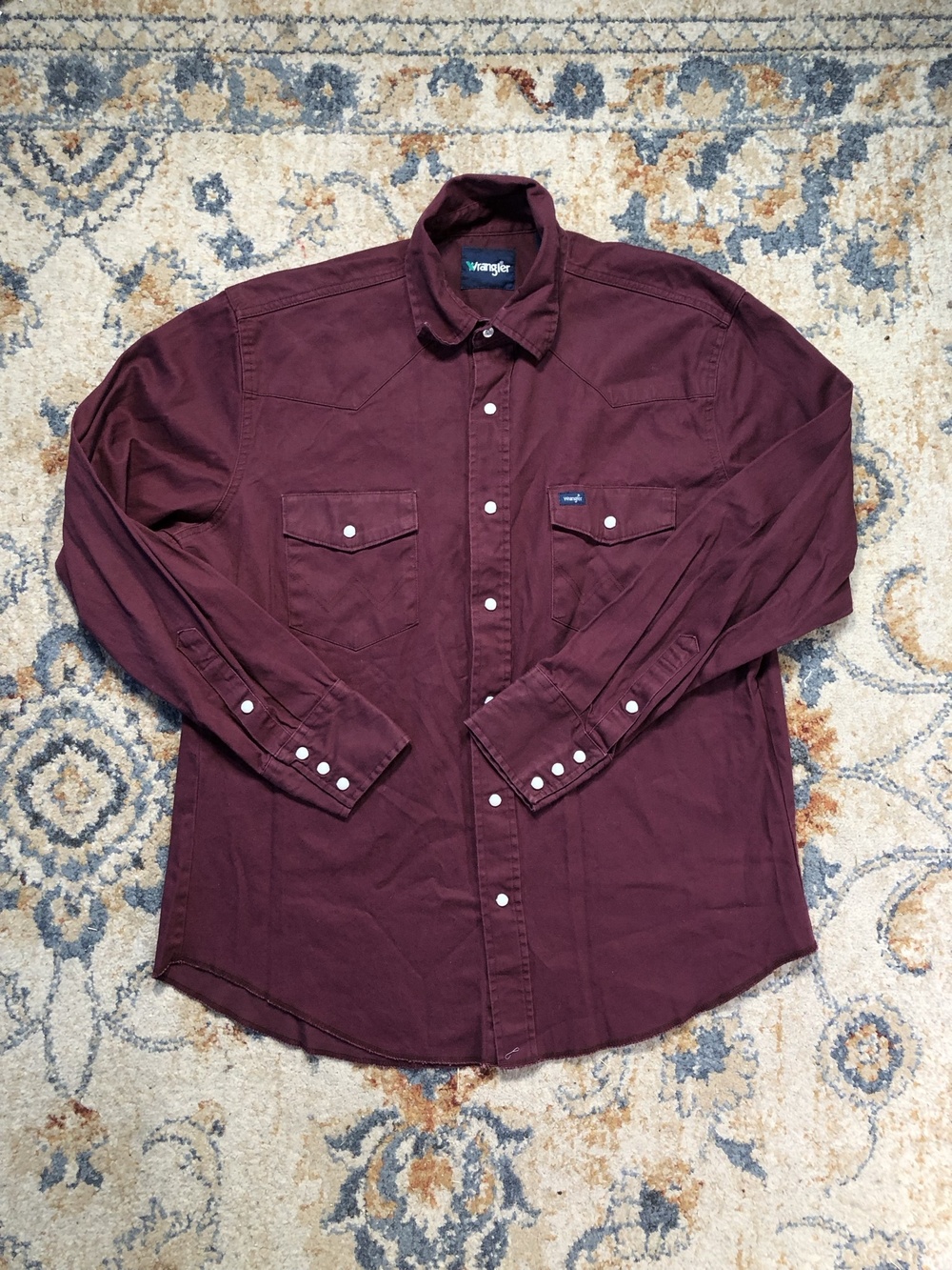 Wrangler Shirt Mens L Red Twill Long Sleeve Western Pearl Snap Pockets Casual